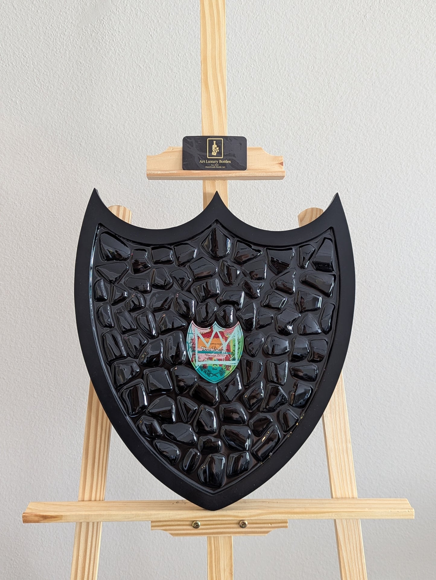 Art Handmade wooden frame with luxury champagne bottle