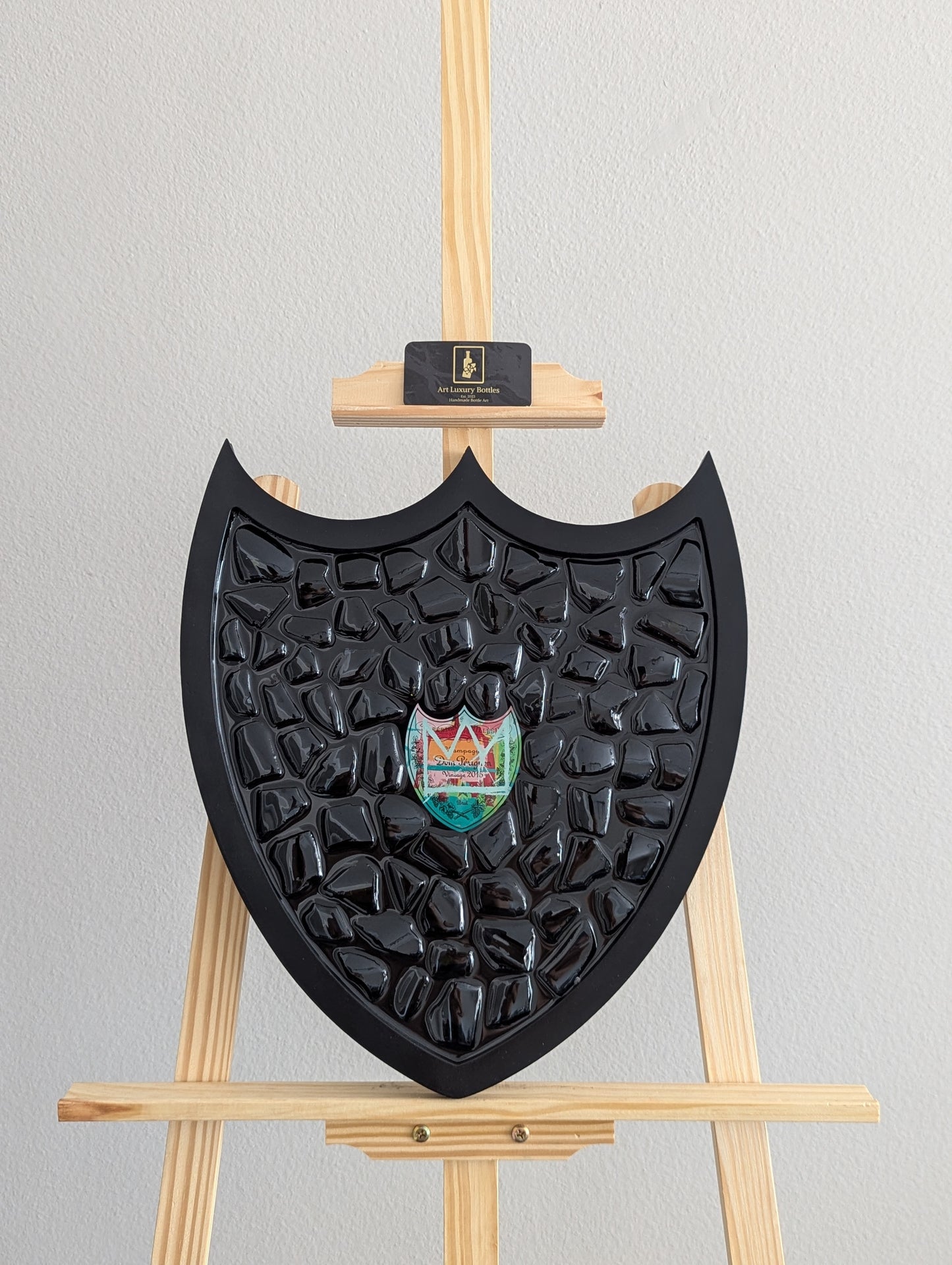 Art Handmade wooden frame with luxury champagne bottle