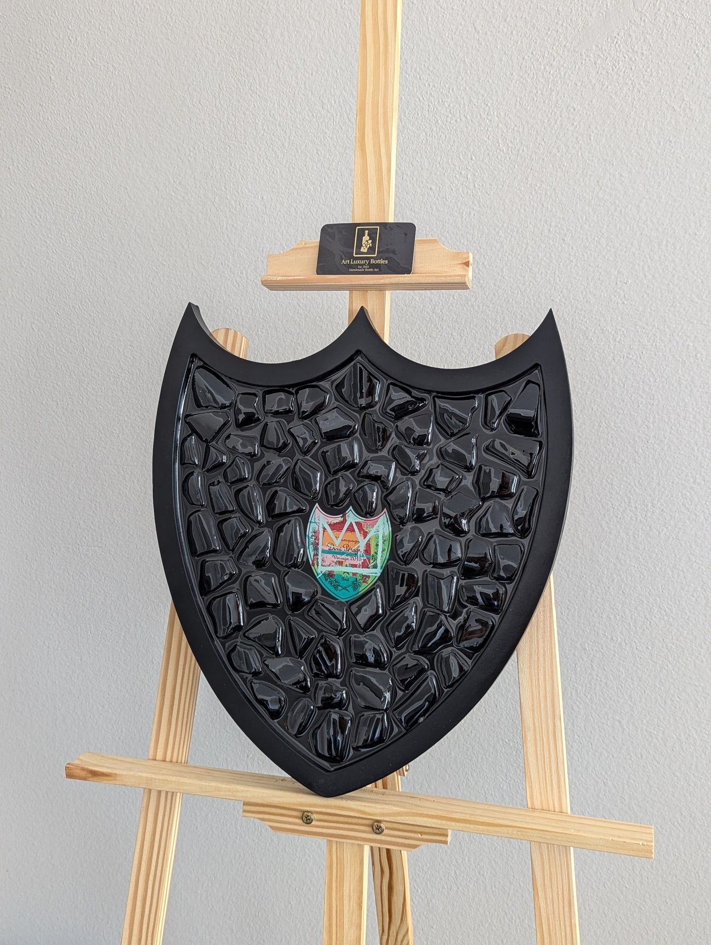 Art Handmade wooden frame with luxury champagne bottle